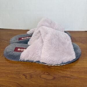 SOREL Go Mail Run Womens Fluffy Slide Slippers Faux Fur, Size 7 Gray / Lilac